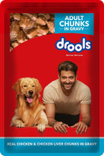 Load image into Gallery viewer, Drools Adult Wet Dog Food – Real Chicken & Chicken Liver Chunks in Gravy (15g x 12 Pouches)