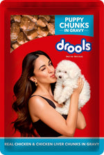 Load image into Gallery viewer, Drools Puppy Chunks in Gravy – Real Chicken & Chicken Liver (60g Pouch, Pack of 12)