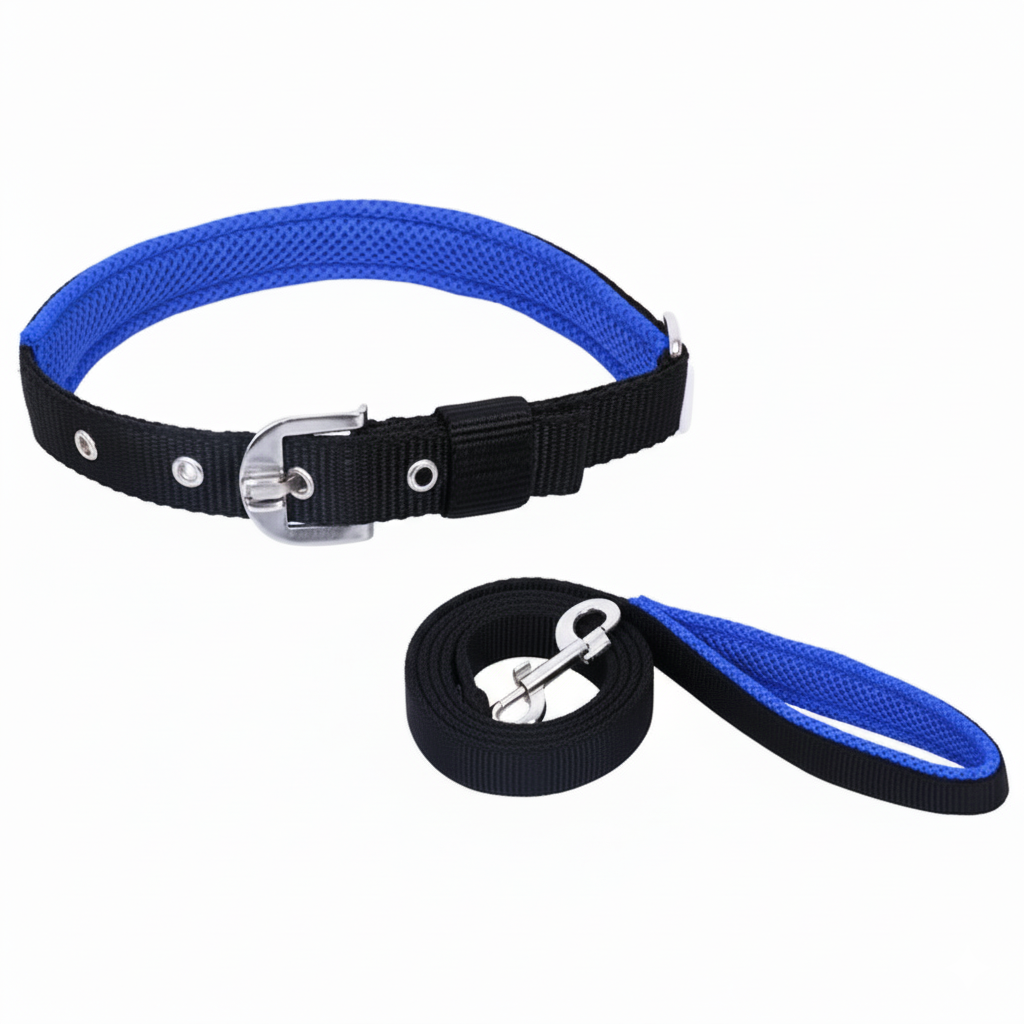15mm Leash & Collar Set for Pets – Plain Nylon Padded, Durable & Comfortable (Color May Vary)