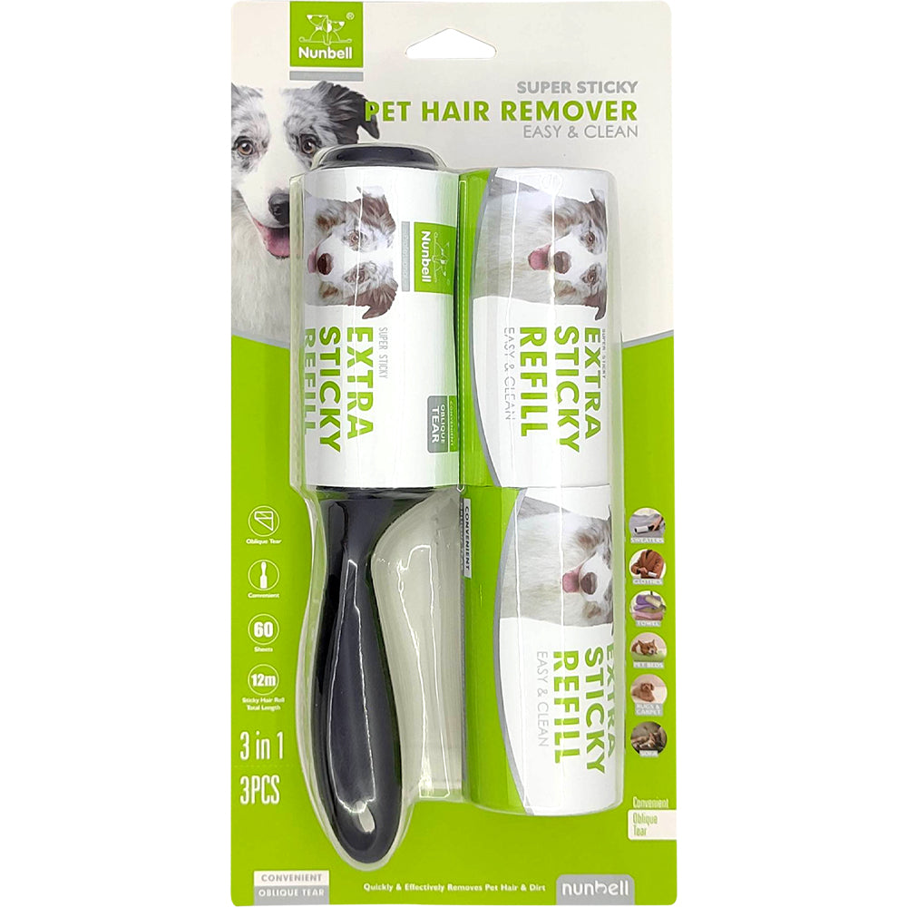 Nunbell 3-in-1 Super Sticky Pet Hair Remover Roller Set (1 Roller + 2 Extra Sticky Refills)