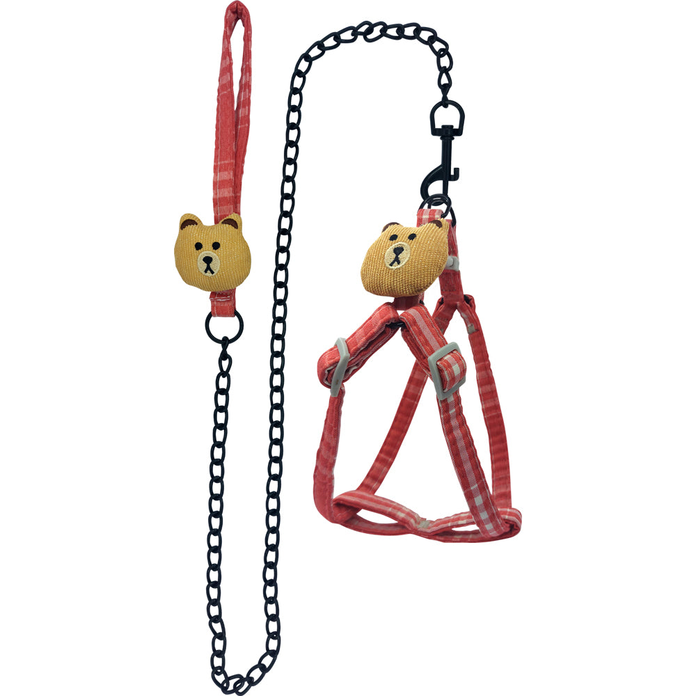 Teddy Bear Plaid Dog Harness & Anti-Bite Chain Leash Set