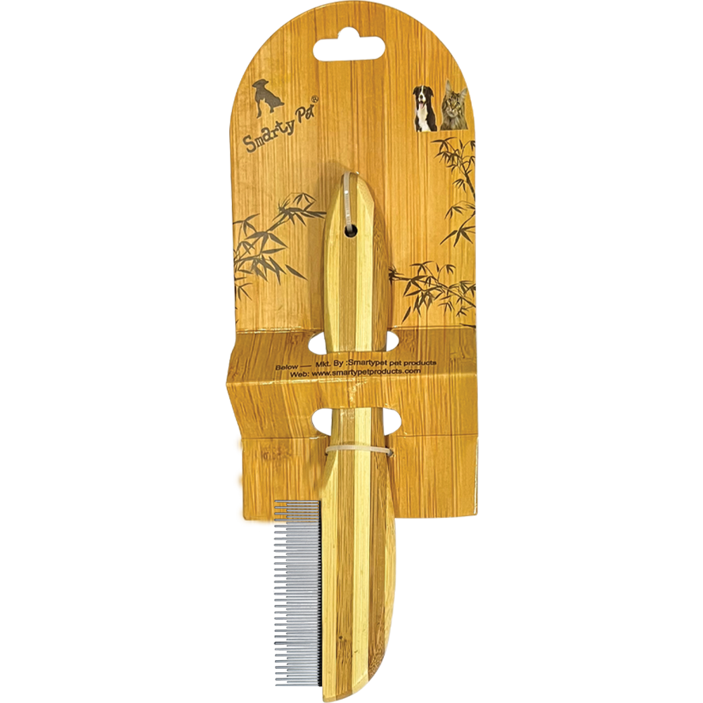 SmartyPet Bamboo Grooming Comb - Flat Handle Skip Tooth Flea & Detangling Comb