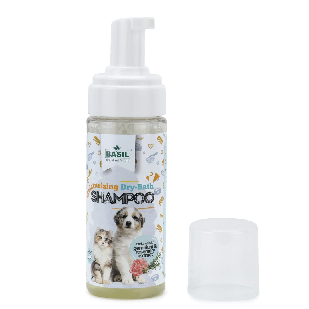 Basil Moisturising Foam Dry Bath Shampoo for Dogs & Cats – 150ml | Waterless Pet Shampoo with Aloe Vera & Conditioner
