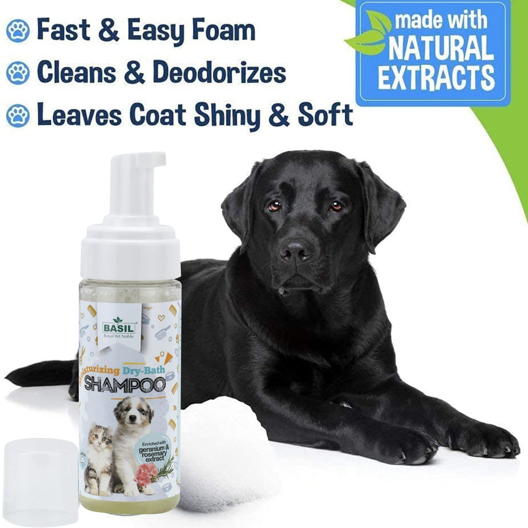Basil Moisturising Foam Dry Bath Shampoo for Dogs & Cats – 150ml | Waterless Pet Shampoo with Aloe Vera & Conditioner