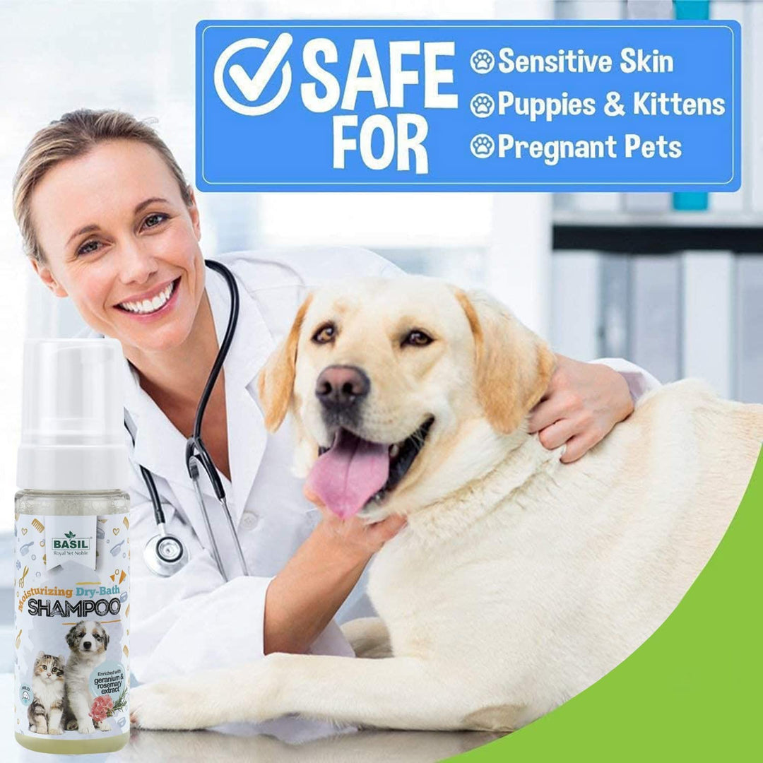 Basil Moisturising Foam Dry Bath Shampoo for Dogs & Cats – 150ml | Waterless Pet Shampoo with Aloe Vera & Conditioner
