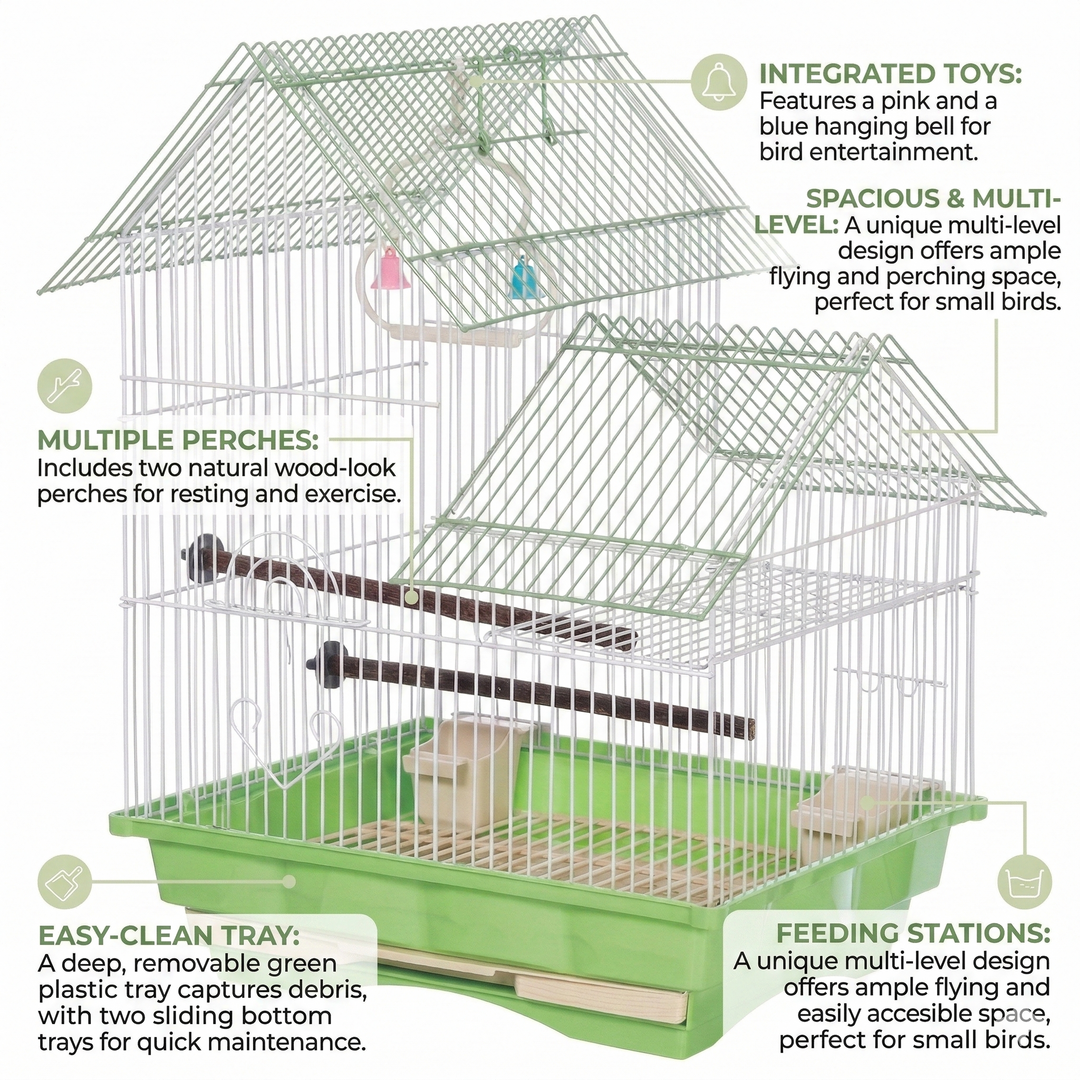 Deluxe Split-Level Gable Roof Bird Cage-304 (35x28x48cm)
