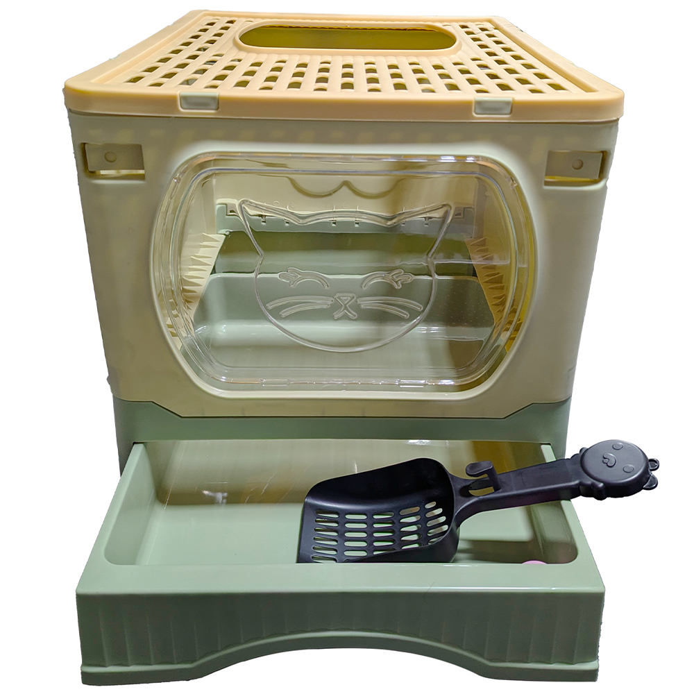 Foldable Enclosed Cat Litter Box with Drawer & Scoop | Anti-Tracking Top Exit