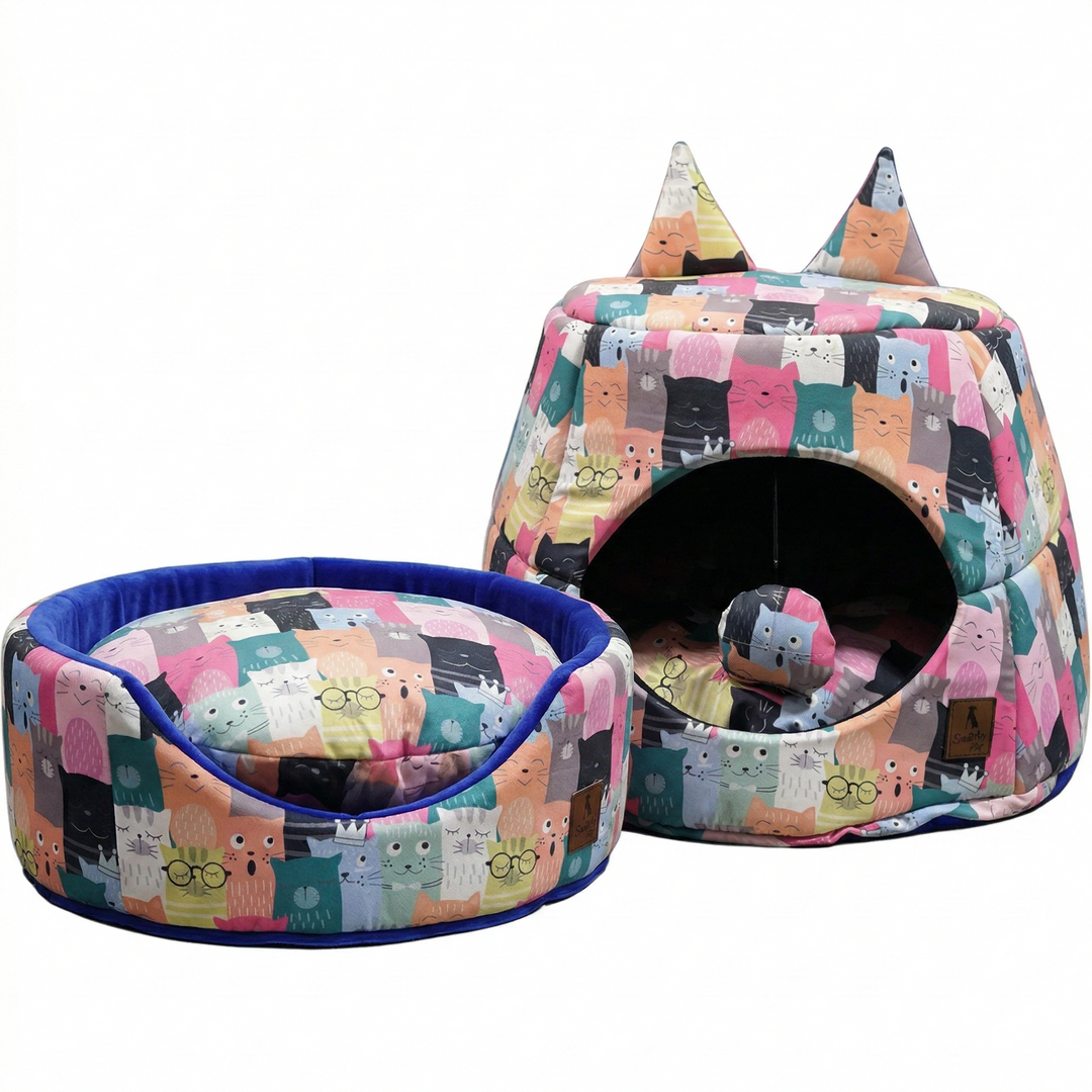 SmartyPet Printed Cat House & Bed Set (Color & Print May Vary)