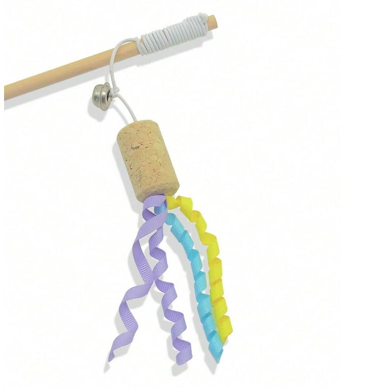 Premium Natural Wooden Cat Wand Toy with Cork & Jingle Bell