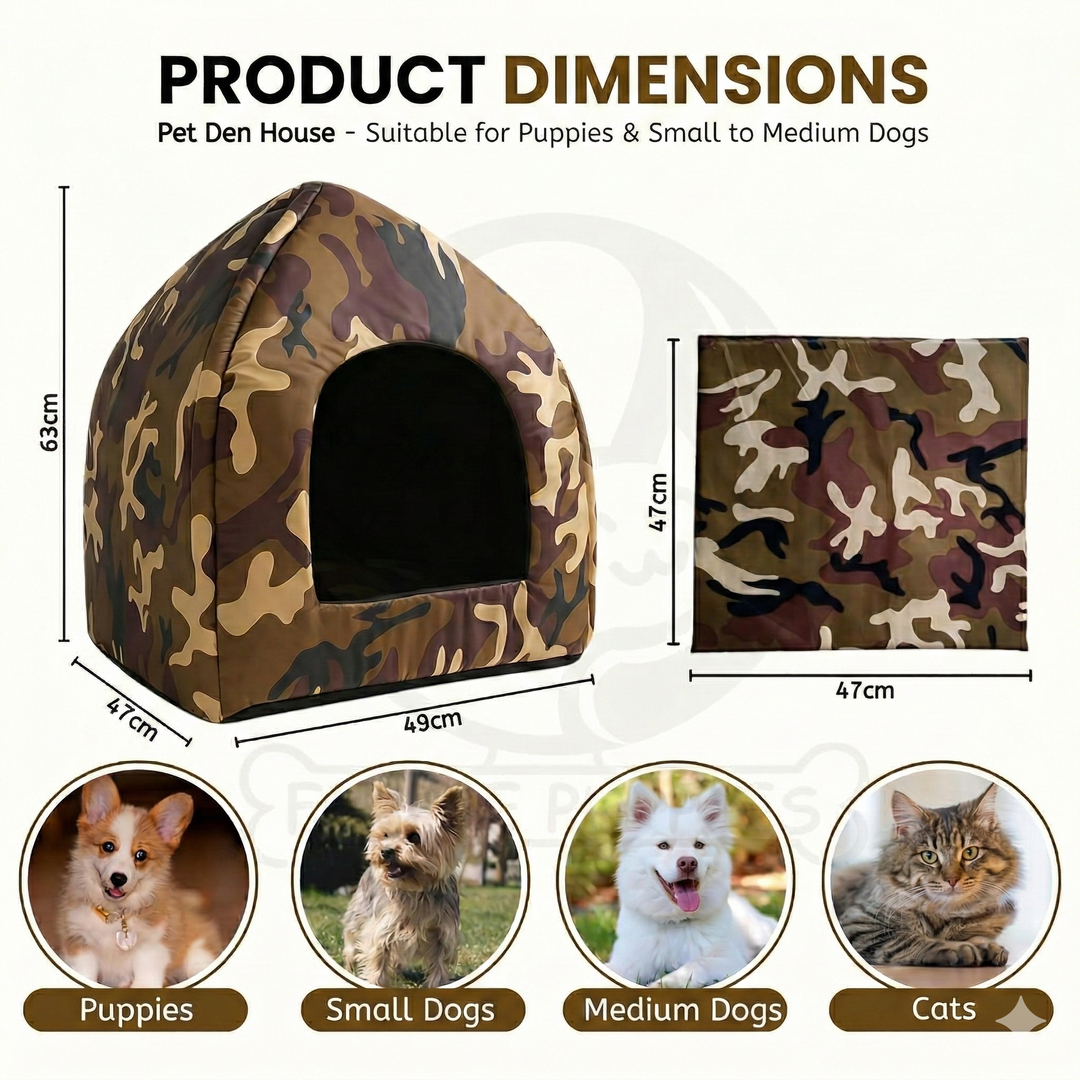 Camouflage Pet Den House – Premium Foldable Shelter for Dogs & Cats