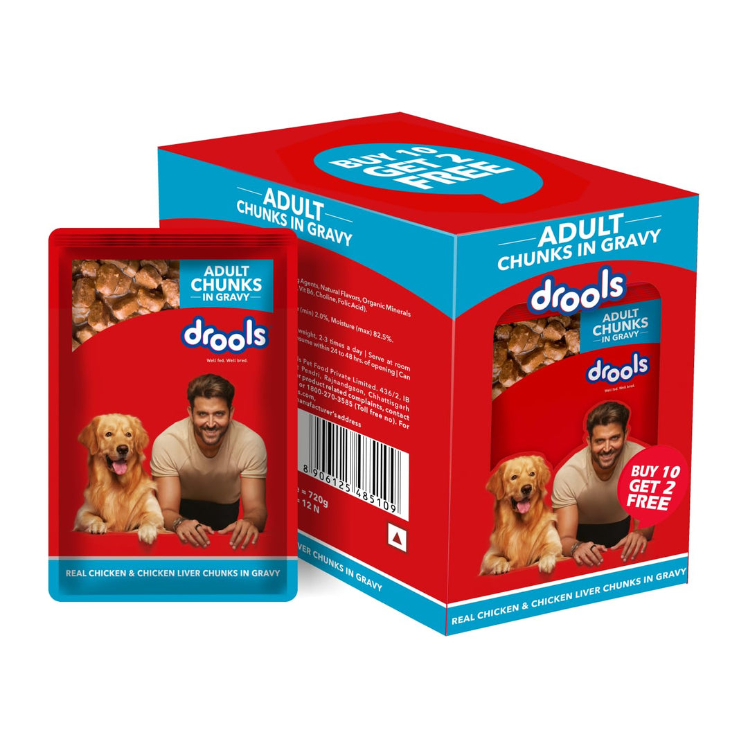 Drools Adult Wet Dog Food – Real Chicken & Chicken Liver Chunks in Gravy (15g x 12 Pouches)