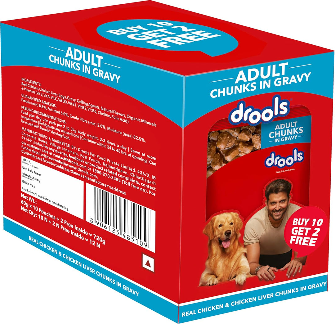 Drools Adult Wet Dog Food – Real Chicken & Chicken Liver Chunks in Gravy (15g x 12 Pouches)