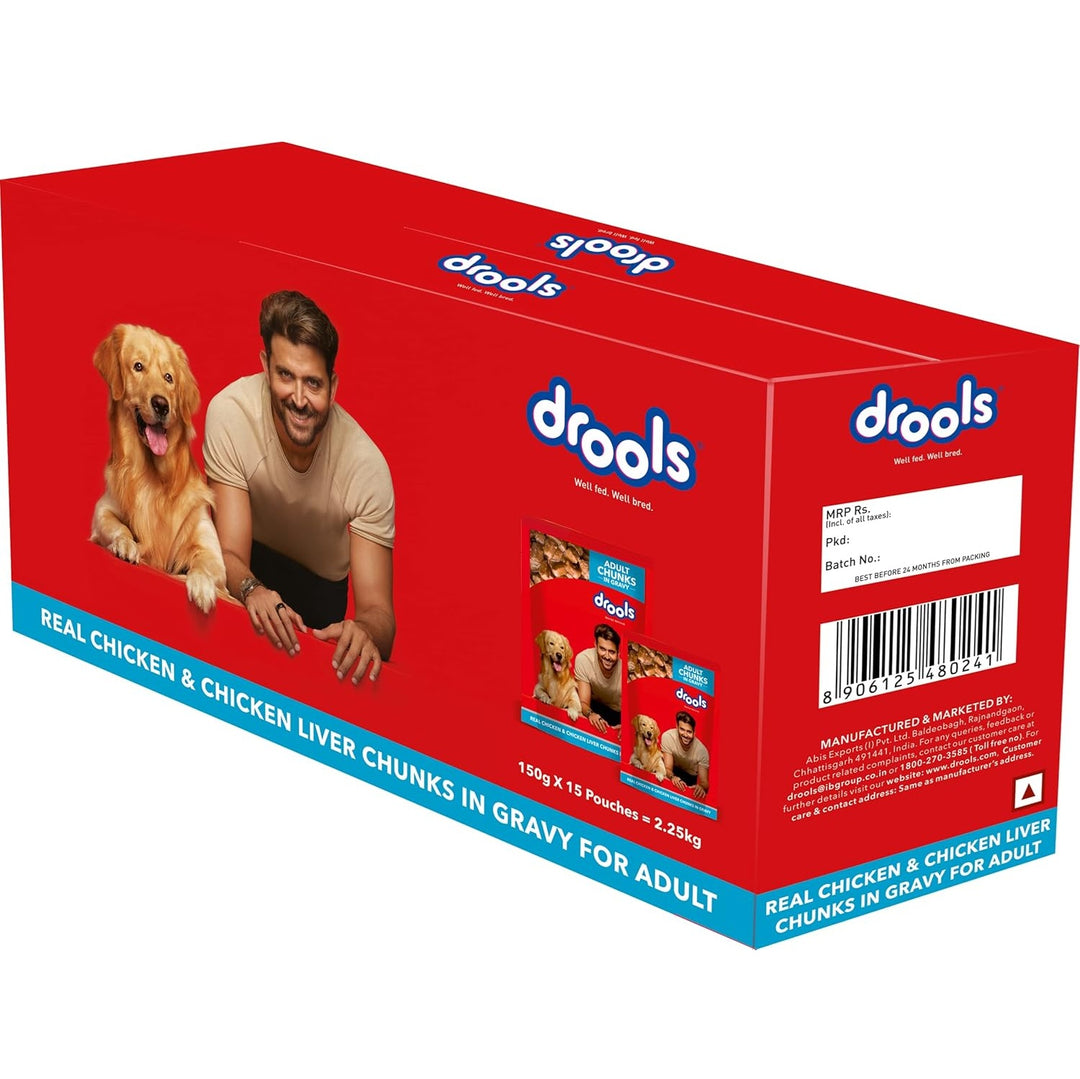 Drools Real Chicken & Chicken Liver Chunks in Gravy for Adult Dogs – 150g (Pack of 15 pouches, 2.25kg)