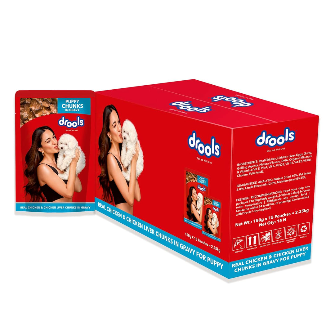 Drools Puppy Wet Dog Food – Real Chicken & Chicken Liver Chunks in Gravy (150g x 15 Pouches, 2.25kg Pack)