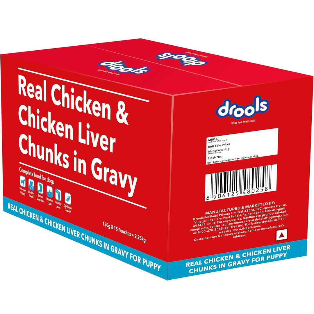 Drools Puppy Wet Dog Food – Real Chicken & Chicken Liver Chunks in Gravy (150g x 15 Pouches, 2.25kg Pack)