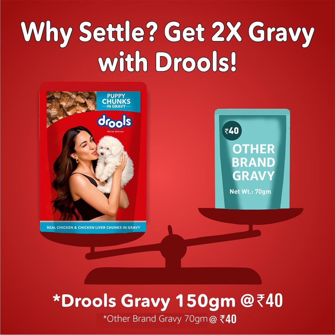 Drools Puppy Wet Dog Food – Real Chicken & Chicken Liver Chunks in Gravy (150g x 15 Pouches, 2.25kg Pack)