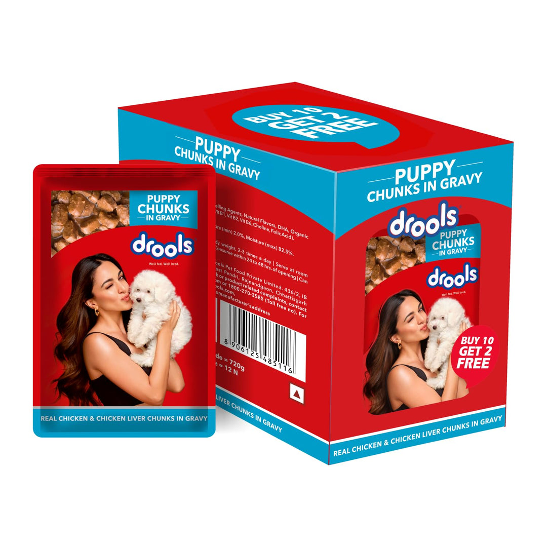 Drools Puppy Chunks in Gravy – Real Chicken & Chicken Liver (60g Pouch, Pack of 12)