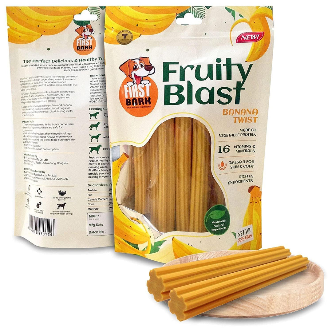 First Bark Fruity Blast Banana Twist Dog Treats – 225gm