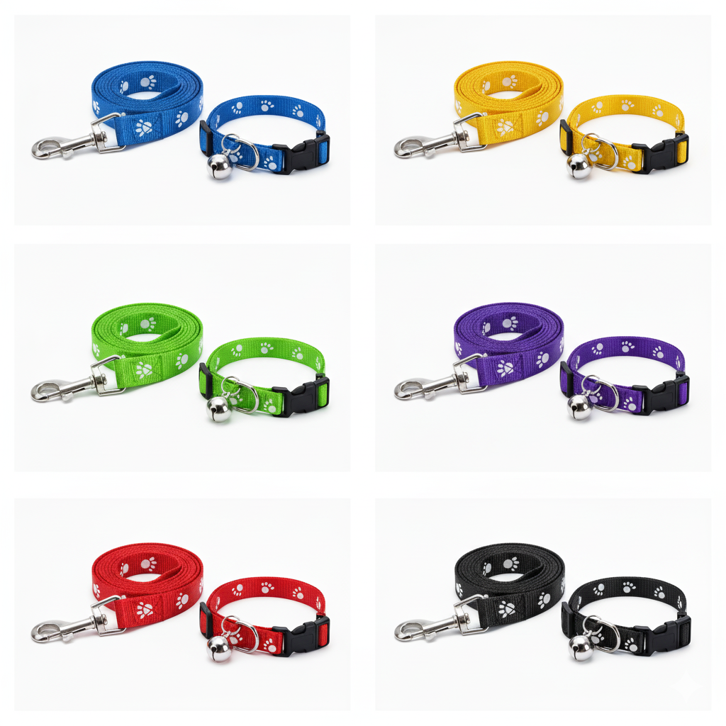 15mm Leash & Collar Set – Durable Nylon Printed Design with Bell for Pets (Color May Vary)