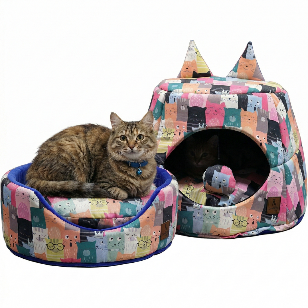 SmartyPet Printed Cat House & Bed Set (Color & Print May Vary)