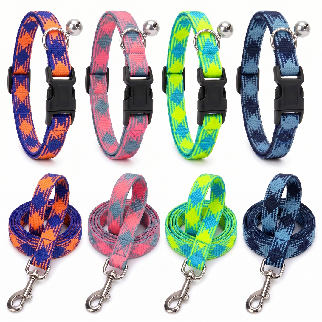 Printed Nylon Cat & Small Dog Collar with Leash Set (15mm)