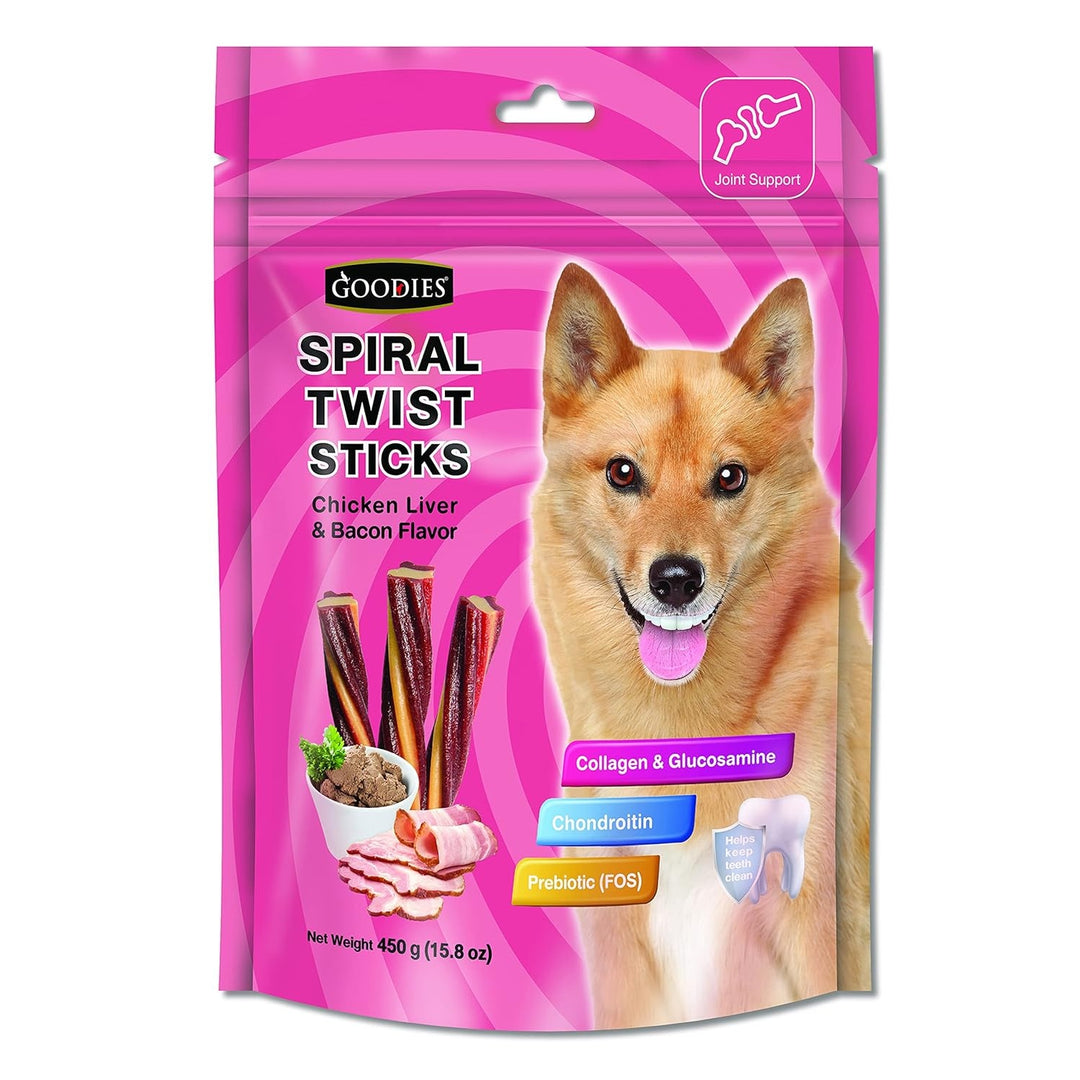 Goodies Spiral Twist Sticks (Chicken Liver & Bacon) – Joint Support Dog Treats (450g)