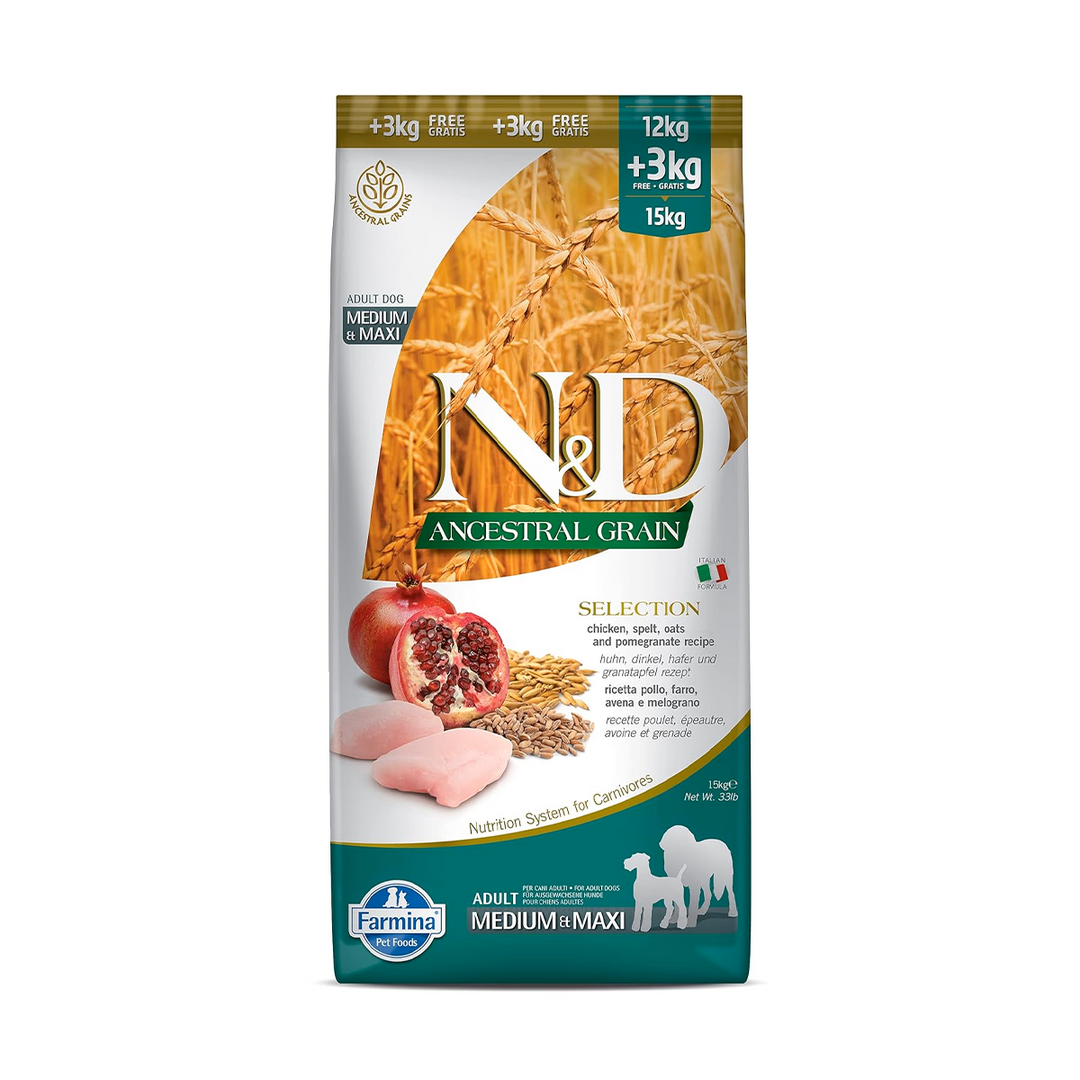 Farmina N&D Ancestral Grain Chicken & Pomegranate Adult Medium & Maxi Dog Food - 15Kg
