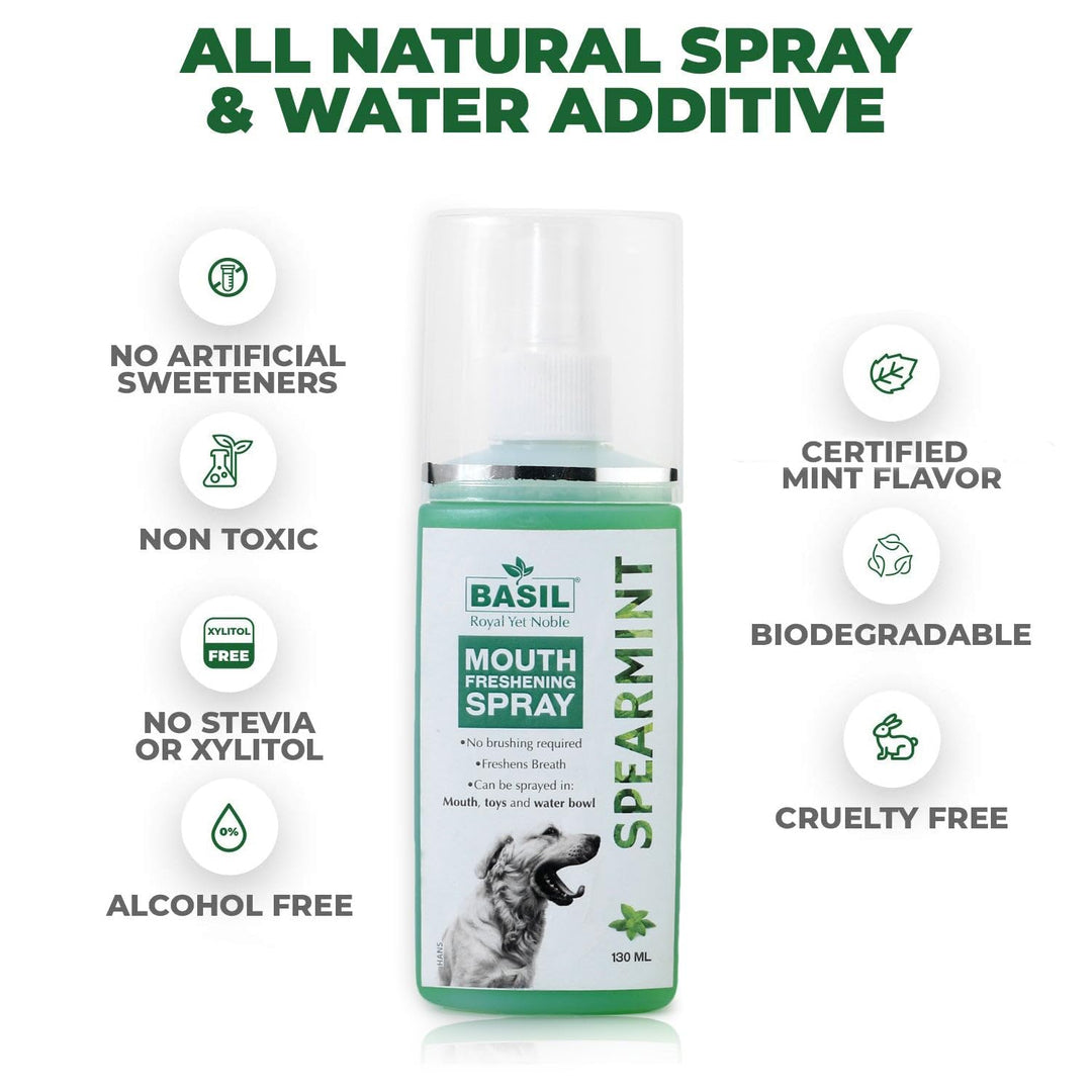 Basil Mouth Freshening Spray for Dogs – Spearmint Flavour, 130ml | Natural Oral Hygiene Spray for Fresh Breath & Dental Health
