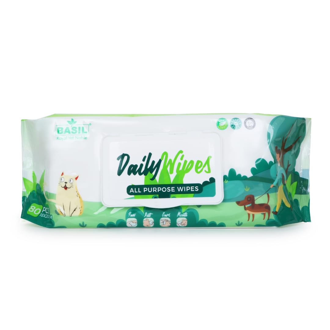 Basil Pet Wipes – Gentle Cleansing & Deodorizing Wipes for Dogs & Cats | Alcohol-Free, Safe for Daily Use (Pack of 80 Wipes)