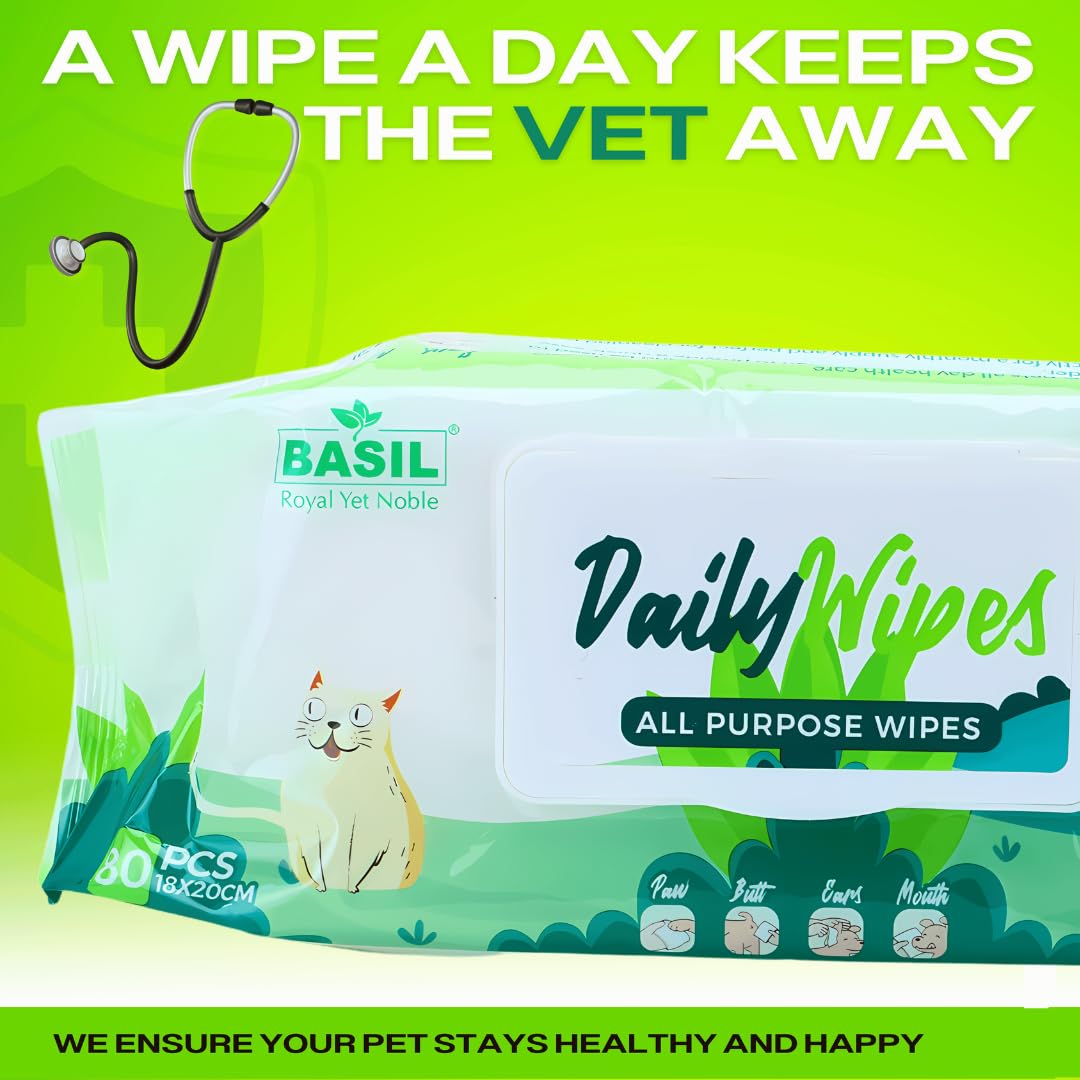 Basil Pet Wipes – Gentle Cleansing & Deodorizing Wipes for Dogs & Cats | Alcohol-Free, Safe for Daily Use (Pack of 80 Wipes)