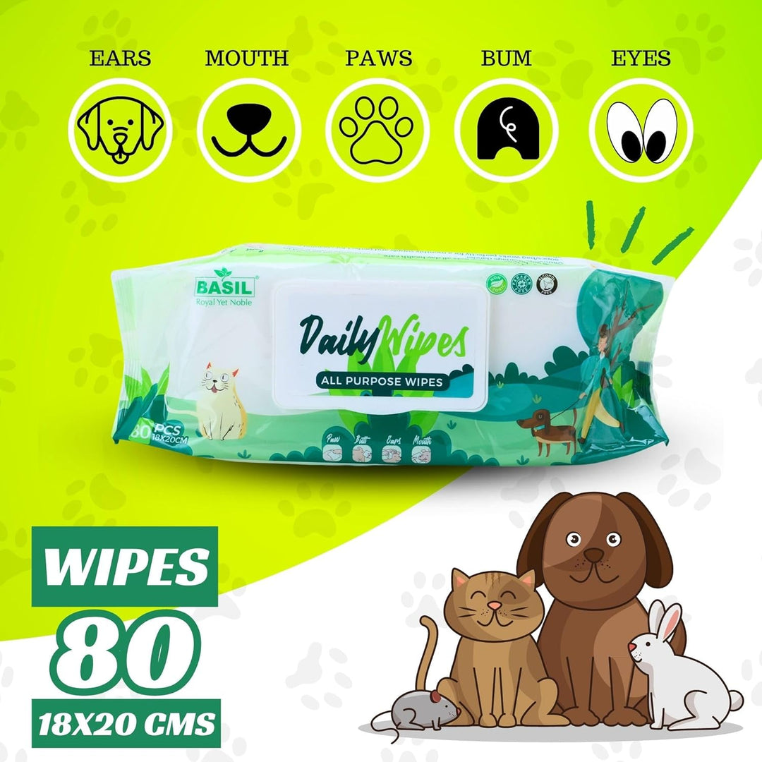 Basil Pet Wipes – Gentle Cleansing & Deodorizing Wipes for Dogs & Cats | Alcohol-Free, Safe for Daily Use (Pack of 80 Wipes)