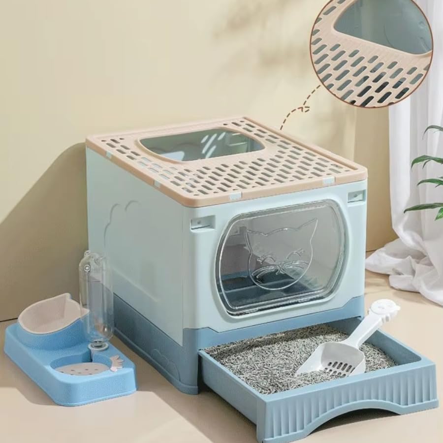 Foldable Enclosed Cat Litter Box with Drawer & Scoop | Anti-Tracking Top Exit