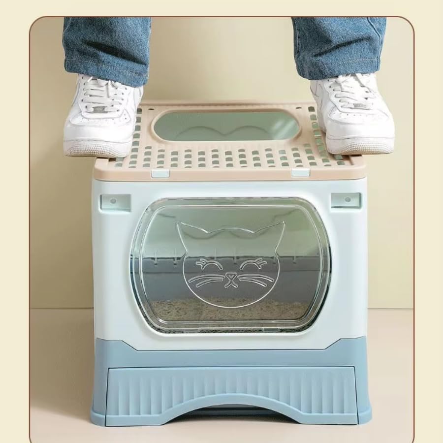 Foldable Enclosed Cat Litter Box with Drawer & Scoop | Anti-Tracking Top Exit