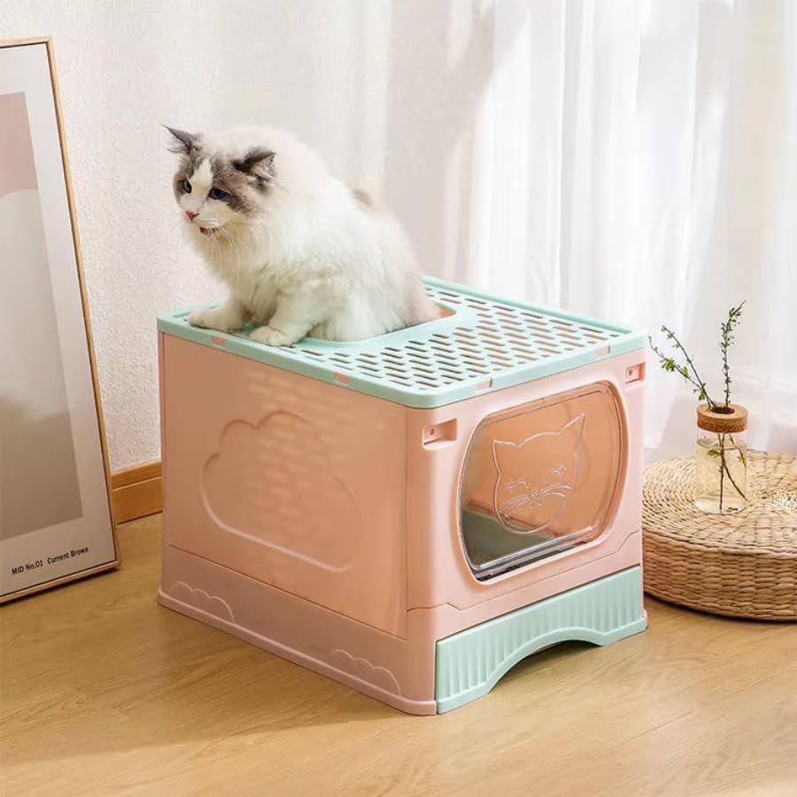 Foldable Enclosed Cat Litter Box with Drawer & Scoop | Anti-Tracking Top Exit