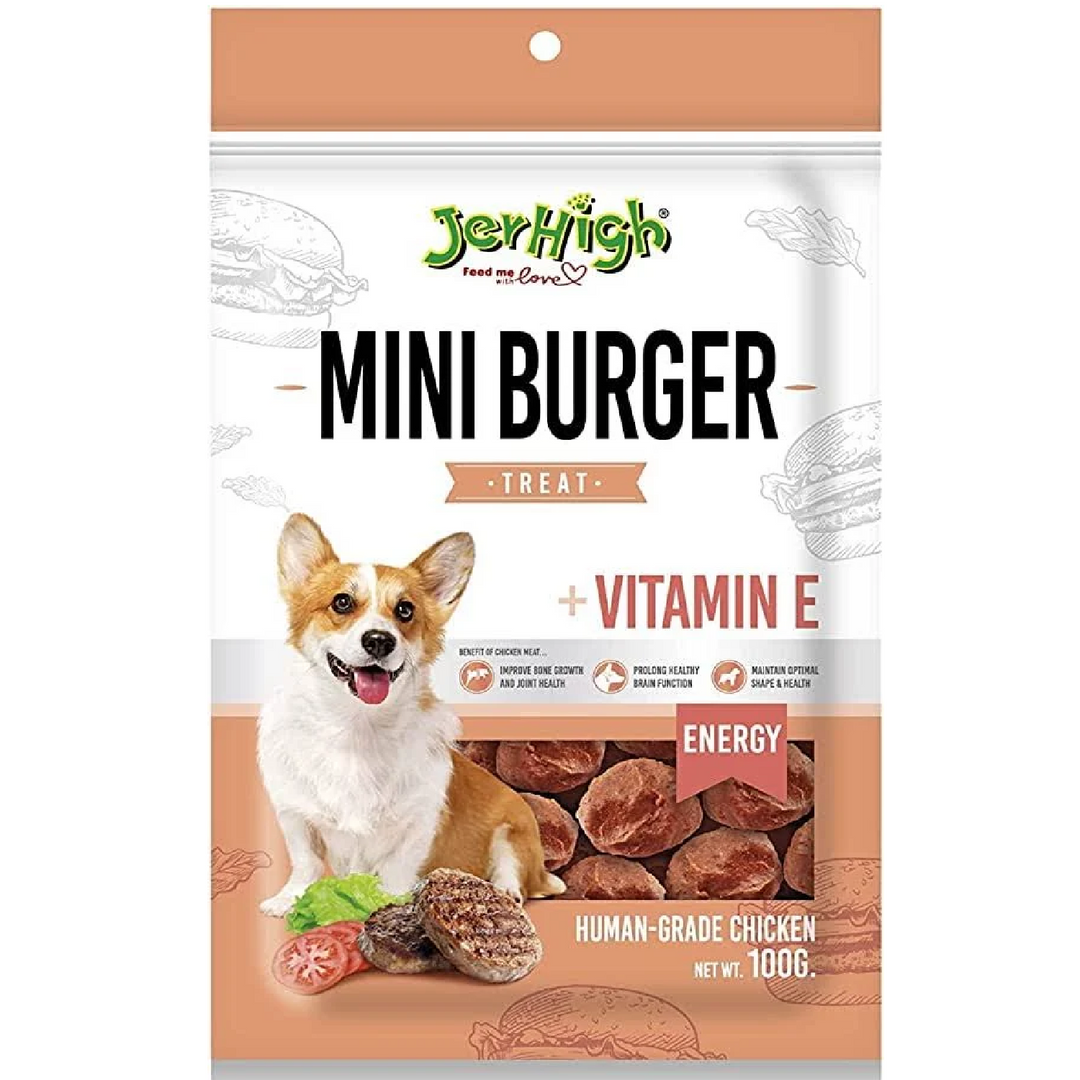 JerHigh Mini Burger Dog Treats – 100gm | Tasty Chicken Dog Snack | High Protein Training Treats for Dogs