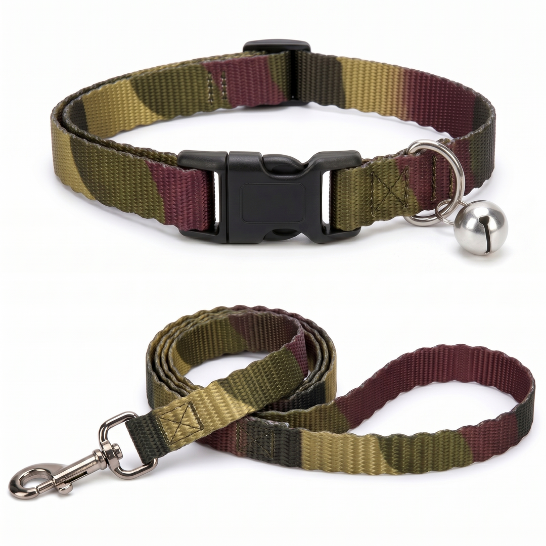 Camouflage Polyester Printed Collar & Leash Set with Bell