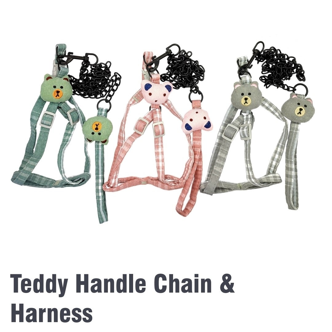Teddy Bear Plaid Dog Harness & Anti-Bite Chain Leash Set